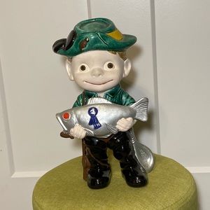Vintage 70's Atlantic Mold Smiley Fisherman Boy w/ Prize Fish Ceramic Figurine
